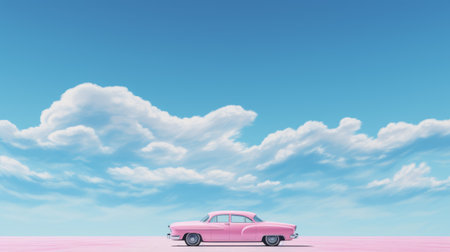 a pink car cruises along a sandy beach, with white clouds floating above in the sky. this hyperrealistic composition showcases a lowbrow, minimalist monochrome style, while still capturing the richly colored, sky-blue backdrop. the photorealistic detail of the car adds a classic touch to the scene. ai generatedの素材