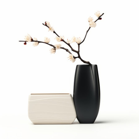 a minimalist design featuring a vase adorned with cherry blossoms, showcasing the essence of anti-clutter aesthetics. this image captures the essence of oriental minimalism with its light black and dark beige color scheme. the orderly arrangement of the blossoms reflects the influence of asian-inspired motifs, as seen in the work of igor zenin. ai generatedの素材
