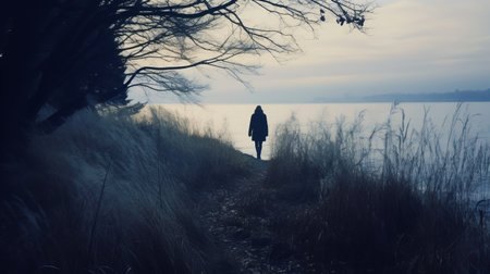 a mysterious charles walks through the autumn grass on a cold morning, captured in a coastline instamatic lo-fi photo. the image showcases a distant coastline, with tall tree silhouettes and a thick fog creating a cold and atmospheric ambiance. the photo is characterized by its cold blue tones. ai generatedの素材