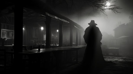 a vintage-style black-and-white photo captures the eerie atmosphere of a restaurant engulfed by the shadow of the black death. the haunting silhouette of a grim reaper looms in the misty landscape, creating a chilling and ghostly ambiance. ai generatedの素材