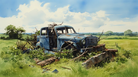 a painting of an abandoned car in a field, inspired by british post-war art. the realistic watercolor technique captures the essence of ruined materials, with twisted branches and a realistic blue sky. created by donald pass, the scattered composition adds depth to the artwork. ai generatedの素材