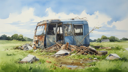 a rusted bus, reminiscent of an apocalypse landscape, sits in the grassy field. this watercolor painting by timothy easton captures the raw and emotional essence of the scene. with elements of cabincore and fragmented realism, the artwork presents a realistic portrayal of decay and abandonment. ai generatedの素材