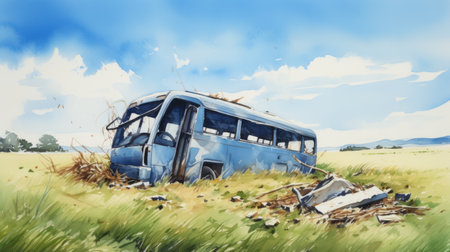 a broken bus sits atop a grassy field, resembling a realistic watercolor painting. the image captures a sense of destruction with its realist detail, highlighted by the tumblewave and whiplash lines. the dark bronze and sky-blue hues add depth to this depiction of rural life. ai generatedの素材