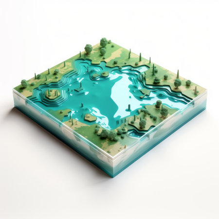3d environment model featuring a graphic design-inspired illustration of earth and a serene lake. the rectangular fields surrounding the scene add a touch of isometric perspective, while the overall design exudes a fluid and organic feel. the color palette predominantly consists of light cyan and white, creating a tranquil ambiance. this visually captivating artwork is reminiscent of national geographic photographs, with a unique touch ofの素材