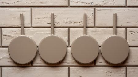 four white toilet brushes with teeth are arranged on a brick wall, showcasing minimalist geometric abstractions. the dark beige and gray color palette enhances the circular shapes, while social commentary plaques add depth. the modular construction and detail-oriented design create a visually captivating image with subtle tonal variation. ai generatedの素材