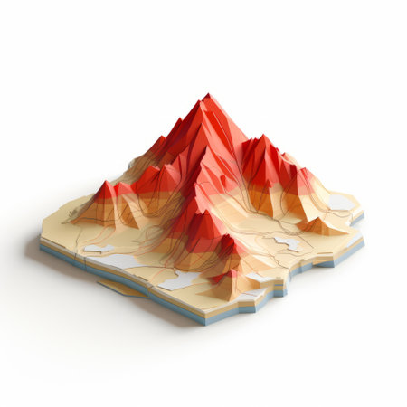 black, red, and yellow mountains made of colored papers create a realistic hyper-detailed rendering. the meticulously detailed mountains, in light red and light navy shades, are set against a white background. the simplified shapes of the mountains add to the overall artistic appeal. ai generatedの素材