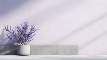 pink flowers in a vase stand out against a gray concrete wall, creating a minimalist backdrop. the vibrant violet hues of the flowers add a touch of elegance to the scene. this composition is reminiscent of minimalist stage designs, with a monochromatic color scheme of light purple and light orange. ai generatedの素材
