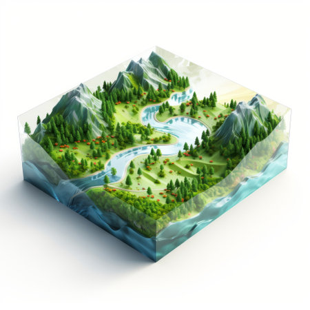 a 3d rendered representation of a mountainous landscape featuring majestic mountains, a winding river, and lush trees. this unique artwork is created in the style of a tesseract, with transparent layers and a playful illustrative approach. the fusion of water and land creates a captivating and visually stunning scene reminiscent of a national geographic photo. ai generatedの素材
