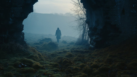 mysterious richard walks through autumn grass on a cold morning, captured in a cave instamatic lo-fi photo. a distant cave looms ahead as tall tree silhouettes and thick fog create an ethereal atmosphere. the image is bathed in cold blue tones, evoking a sense of chill and intrigue. ai generatedの素材