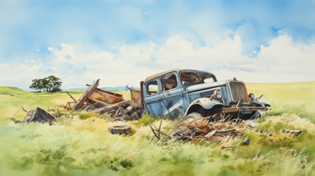 an old truck sits in the grass, reminiscent of jody bergsma's deconstructed landscapes and serge marshennikov's post-war american art. this scene captures the essence of rural life, with dusty piles and realistic blue skies as the backdrop. ai generatedの素材