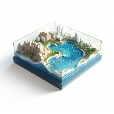 an illustration of an artificial island on the world map, showcasing hyper-realistic water and industrial design elements. the scene is filled with light, emphasizing the landscape-focused composition. the use of clear colors and the influence of konica big mini camera create a visually striking and detailed illustration of the island. ai generatedの素材