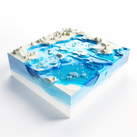 an isometric 3d model of the earth with water ice, resembling fantastical landscapes. the model features white and indigo wavy resin sheets, creating a busy and intricate landscape. set against a white background, the multi-layered figures and rectangular fields add depth and dimension to the composition. ai generatedの素材