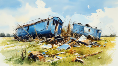 resurrected train cars, painted in the style of traditional british landscapes, showcase realistic blue skies and rusty debris. the artist's use of gouache and sparth techniques brings out photorealistic details, reminiscent of whistlerian art. ai generatedの素材