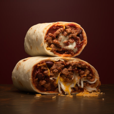 a photo of a beef burrito reintroduced by fast food chain tjs is captured in a style reminiscent of realistic still lifes. the dramatic lighting adds depth to the image, while the use of cinquecento and layered fibers creates a visually appealing composition. the photo, taken with a provia film, showcases dark orange and maroon tones, and features a unique m42 mount and spirals. aiの素材