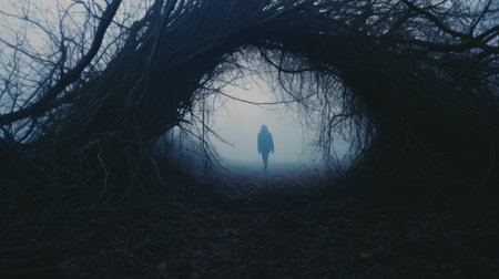 mysterious richard walks through autumn grass on a cold morning, captured in a cave instamatic lo-fi photo. a distant cave looms ahead as tall tree silhouettes emerge from the fog. the image is characterized by cold blue tones, evoking a sense of tranquility and solitude. ai generatedの素材