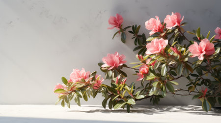 a blooming magnolia plant in a vase on a white table, showcasing a captivating play of light and shadow. the delicate flowers display shades of light red and light pink, creating a visually striking image. this associated press photo captures the sharp and prickly details of the magnolia petals. the organic stone carvings and wallpaper in the background provide a spectacular backdrop for this stunningの素材