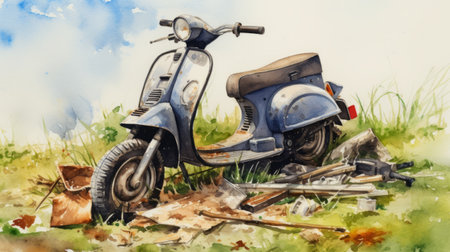 a watercolor sketch illustration of a blue torraspa scooter, capturing the essence of rusty debris and classical realism. inspired by the works of simon luttichuys, this artwork depicts the charm of the southern countryside with a touch of hard edge painting. part of the incisioni series, this illustration beautifully combines various artistic elements into a captivating piece. ai generatedの素材