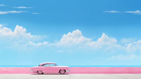 a horizontal wallpaper featuring a bright pink car in the style of the 80s. the close-up shot showcases the vibrant colors of the car against a backdrop of clear blue skies and an open landscape. the image is high resolution and detailed, capturing every aspect of the scene. ai generatedの素材