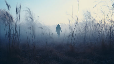 a person walks through a field of tall grass, creating an ethereal and otherworldly atmosphere. the post-apocalyptic landscape is shrouded in mist, giving a cold and detached atmosphere. the uhd image captures the surreal beauty of this scene, where otherworldly creatures may lurk. (keywords: person, walking, field, tall grass, ethereal, otherworldly atmosphere, post-apocalyptic landscapes, mist, uhd image, cold, detached atmosphere, otherworldly creatures), ai generatedの素材