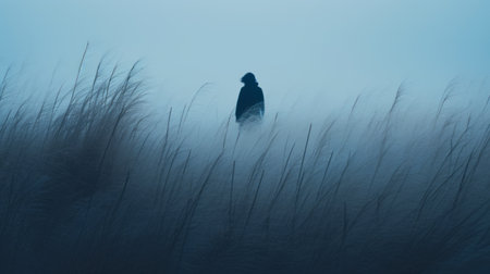 a person stands in tall grass in a field, captured in a mesmerizing photograph reminiscent of mikko lagerstedt's style. the image showcases a life-like avian illustration against a backdrop of dark black and azure tones, creating a misty atmosphere. the composition evokes the ethereal beauty found in tami bone's work and the captivating dutch seascapes, with a striking combination of dark black and sky-blue hues.の素材
