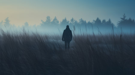 a mysterious charles walks through the autumn grass on a cold morning, captured in a dune instamatic lo-fi photo. the image showcases a distant dune, tall tree silhouettes, and a foggy atmosphere, all enveloped in cold blue tones. ai generatedの素材