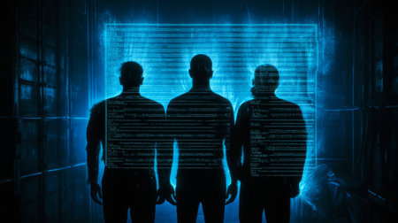 the photo showcases a highly detailed and realistic x-ray barcode, with a redoubtable blackboard backdrop. the electric blue fern adds a vibrant pop of color, while the glowing neon flare creates a mesmerizing effect. in the foreground, four dark figures stand back to back, exuding a sense of frustration. this 4k image captures the essence of the 90's alternative shoegaze scene, with a touch ofの素材