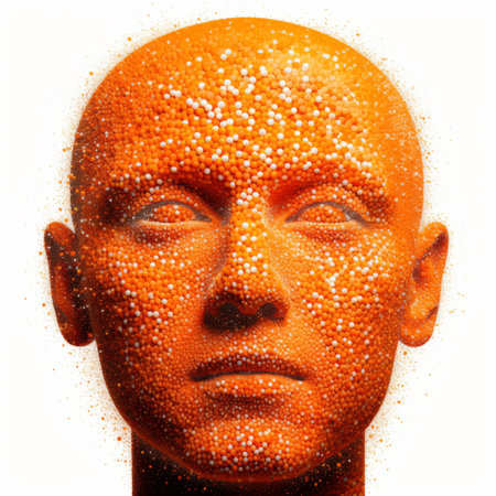 art deco orange head stock photos showcase hyper-realistic sculptures with a surreal abundance of disintegrated crystals. these captivating images feature pointillist dots of color, creating a mesmerizing effect. the realistic still lifes are beautifully illuminated, adding drama to the depiction of the human form. ai generatedの素材