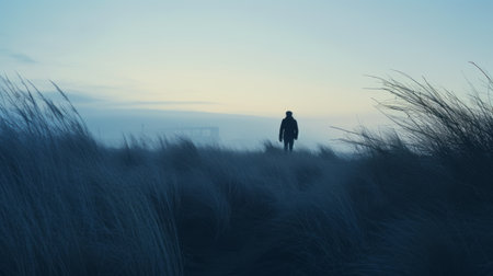 tall grass emerges from the ground in this monochromatic minimalist portrait. the layered and atmospheric landscape captures the beauty of suffolk coast views. the dark cyan and amber tones add a surreal touch to the scene, while mist-like human figures create an ethereal ambiance. this captivating image is reminiscent of cryengine's immersive visuals. ai generatedの素材