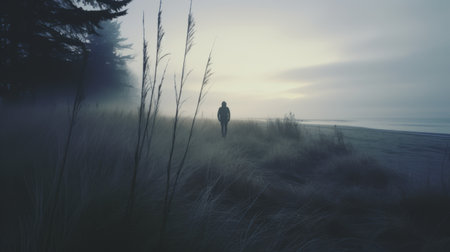 a mysterious david walks through the autumn grass on a cold morning at the beach. the instamatic lo-fi photo captures the distant beach, tall tree silhouettes, and the foggy atmosphere. the image is characterized by cold blue tones, creating a captivating and enigmatic scene. ai generatedの素材