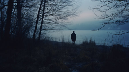a person walks along the shore of a lake, with haunting tree roots in the background. this dark and brooding photo captures the style of american tonalist mikko lagerstedt. the image evokes psychological depth in characters, with a poignant and psychological horror vibe. ai generatedの素材