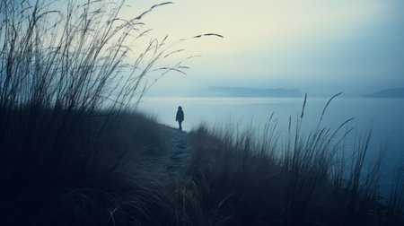 a mysterious david walks through the autumn grass on a cold morning at the beach. the instamatic lo-fi photo captures the distant beach, silhouettes of tall trees, and the foggy atmosphere. the image is characterized by cold blue tones, creating a captivating and enigmatic scene. ai generatedの素材
