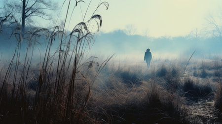 a mysterious linda walks through autumn grass on a cold morning in a marsh, captured in a lo-fi, instamatic-style photo. the image showcases silhouettes of tall trees in the distance, enveloped in fog, while cold blue tones set the atmospheric mood. ai generatedの素材
