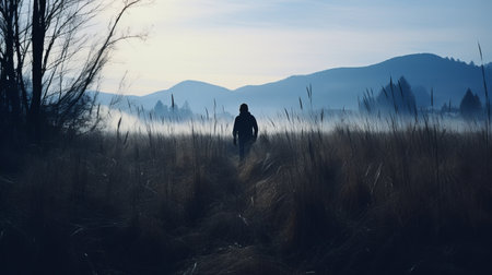 a person walks through a foggy, grassy field, creating an adventurous and tonalist atmosphere. the dark and gritty subject matter adds a romanticized touch to the wilderness. the cold and detached atmosphere, reminiscent of whistlerian art, invites quiet contemplation. ai generatedの素材
