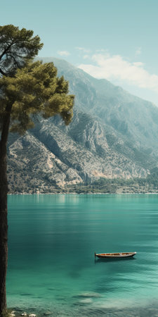 mediterranean lake scene with boat on calm waters, framed by mountainous vistas. dark green, aquamarine, dark turquoise, and light brown hues create a calming, introspective aesthetic. swiss style with juxtaposed imagery evokes a lake wallpaper feel. webcam photography captures the scene. ai generatedの素材