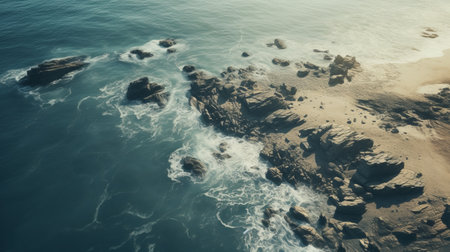 aerial view of a beach and ocean shore with rocks, showcasing the unique cross-processing style. the cryengine processing enhances the detailed atmospheric portraits, inspired by the works of iber camargo. the image captures realistic hyper-detail, with swirling vortexes adding an intriguing element. the overall composition presents a realistic landscape with soft, tonal colors. ai generatedの素材