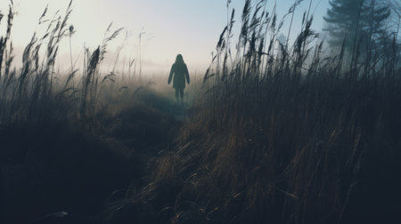 a mysterious linda walks through autumn grass on a cold morning in a marsh, captured in a lo-fi, instamatic-style photograph. the image showcases silhouettes of tall trees in the distance, enveloped in fog, while cold blue tones set the mood. ai generatedの素材