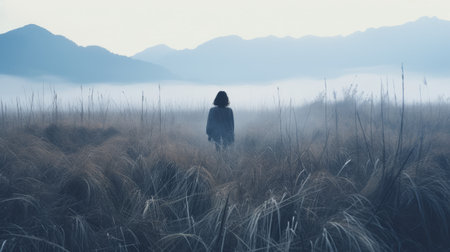 mysterious linda walks through autumn grass on a cold morning, captured in a mountain instamatic lo-fi photo. a distant mountain stands before her, while tall tree silhouettes and thick fog create a captivating atmosphere. the cold blue tones add to the overall sense of tranquility and mystery. ai generatedの素材