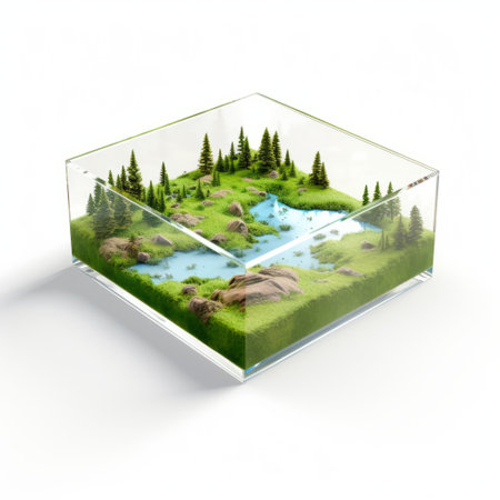 a glass box landscape featuring a pond, trees, and rocks, designed in a 3d style with accurate topography. this modular design captures the essence of a national geographic photo, showcasing a flat perspective and xbox 360 graphics. the cartoonish simplicity adds a unique charm to this captivating scene. ai generatedの素材