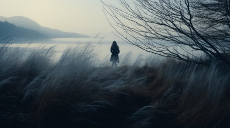 mysterious barbara walks through autumn grass on a cold morning, with a distant fjord and tall tree silhouettes in the background. the instamatic lo-fi photo captures the serene atmosphere, enhanced by the cold blue tones and the presence of fog. ai generatedの素材