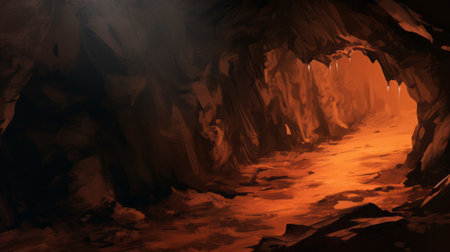 a dark cave drawing with dirt on the ground, featuring a warm color palette. this 8k resolution artwork showcases meticulous brushwork, highlighting the beauty of the piece. the dark orange and light bronze tones create a luminous shadowing effect, enhancing the intense shading within the cave. ai generatedの素材