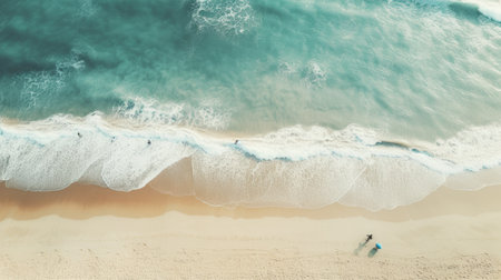 a person walks along the sandy beach, with the sparkling aquamarine water gently lapping at their feet. this captivating documentary-style photo showcases the stunning australian landscape from a birds-eye-view perspective. the light aquamarine and beige tones create a mesmerizing visual contrast, while the aerial view and vignetting add a touch of artistic flair to the image. ai generatedの素材