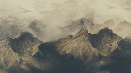 the photo showcases a stunning landscape of tan and brown mountains enveloped by clouds. it is captured in the style of detailed atmospheric portraits, utilizing techniques like photobashing and darktable processing. the image exhibits subtle tonal values and features a resolution of 3840x2160. the overall aesthetic is characterized by dark, muted colors, creating a captivating monochrome canvas. ai generatedの素材