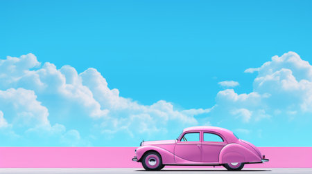 an old pink car is parked in front of a wall, creating a striking contrast against the realistic blue skies. the dreamlike illustration style, reminiscent of verner panton's work, adds a touch of whimsy to the scene. the uhd image captures every detail, while the atmospheric clouds and simplified colors enhance the overall aesthetic. this photo beautifully combines mundane materials with artistic elements. ai generatedの素材