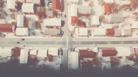aerial view of a city with a car in the corner, showcasing subtle color gradations in the style of rural america. the image captures intersecting geometries and features soft-focus portraits. the dark white and light red tones create a cold and detached atmosphere. this captivating photo can be found on flickr. ai generatedの素材