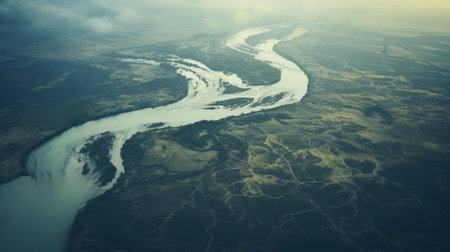 aerial view of a river surrounded by white clouds, showcasing layered and atmospheric landscapes with organic shapes and curved lines. this stunning photograph captures the beauty of australian landscapes, enhanced by darktable processing and rendered in maya. explore the mesmerizing scenery on flickr. ai generatedの素材