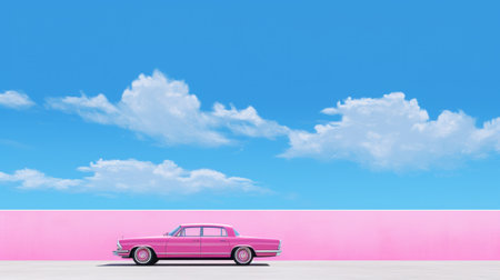 clouds in the sky serve as a backdrop to a conceptual installation featuring classic american cars. the pink and azure hues add a touch of glamorous kitsch to the minimalist conceptualism. the photorealistic rendering captures the essence of the scene, creating a sense of minimalistic serenity. ai generatedの素材