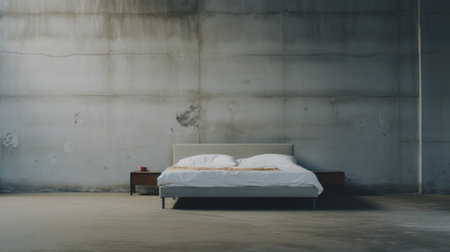 a room with a bed in the middle, showcasing classic japanese simplicity and industrial design. the concrete, matte background adds a touch of modernity, while the soft atmospheric scenes create a serene ambiance. this photograph captures the essence of precisionist art, with its attention to detail and composition. ai generatedの素材