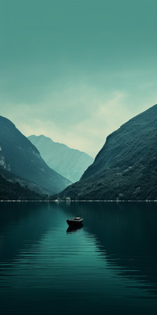 mediterranean lake scene with a boat on calm waters, surrounded by majestic mountains. the serene ambiance is enhanced by the soothing colors of dark green, aquamarine, dark turquoise, and light brown. this swiss-style composition combines contrasting elements, reminiscent of a picturesque lake wallpaper. the photo captures the essence of tranquility, resembling webcam photography. ai generatedの素材
