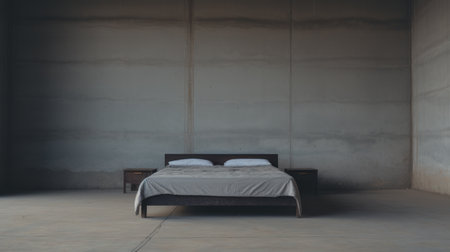 a bed set up in an empty room showcasing industrial minimalism. the dark brown and gray color scheme, along with the concrete brutalism, creates a sleek and modern aesthetic. captured with a sony fe 85mm f/1.4 gm lens, the photo highlights the classic japanese simplicity and organic texture, particularly the leatherhide of the bed. ai generatedの素材