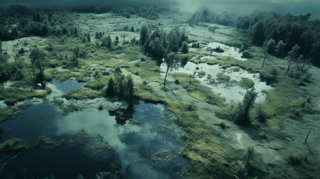 a cloudy night shot captures the mysterious ambiance of a foggy area over a lake. rendered in cinema4d, this aerial photograph showcases a nostalgic rural life depiction with a touch of environmental installation art. the uhd image portrays a dark, yet captivating scene, where shades of white and green dominate, resembling a mystical jungle. ai generatedの素材